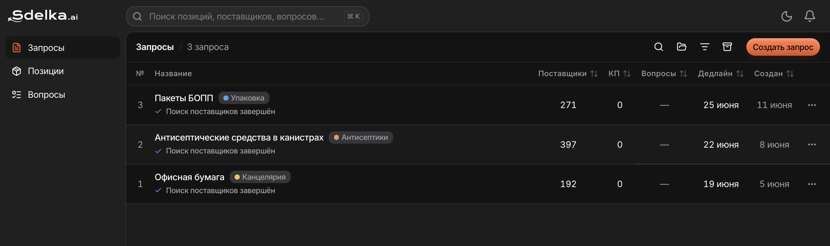 Интерфейс терминала Sdelka.ai со списком запросов